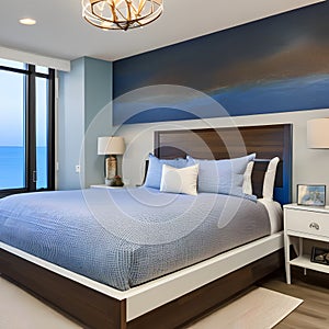 1 A coastal-inspired bedroom with a mix of white and blue finishes, a classic wooden bed frame, and a large window with a view o