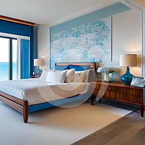 1 A coastal-inspired bedroom with a mix of white and blue finishes, a classic wooden bed frame, and a large window with a view o