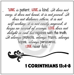 1 Corinthians 13:4-8- Love is patient, kind, hopes, protects, trusts and never fails vector on white background for Christian marr