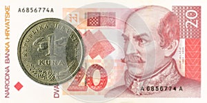 1 croatian kuna coin against 20 croatian kuna bank note