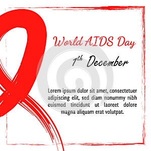 1 december Vector illustration for World AIDS day. Watercolor symbol - red satin ribbon. Hand drawn ribbon. Grunge style