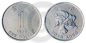 1 dollar 1998 coin isolated on white background, Hong Kong