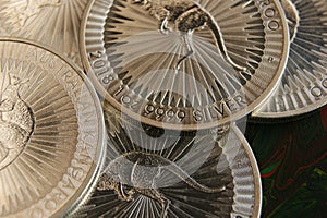 1 Dollar Australian Kangaroo. Close-up of an Australian pure silver investment coin.