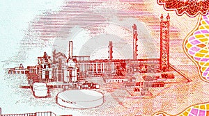 1 Dollar banknote, Bank of Trinidad and Tobago, closeup bill fragment shows Oil refinery buildings