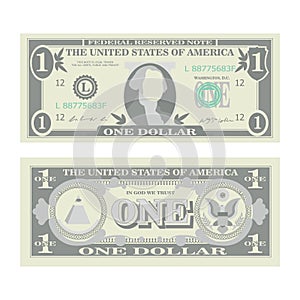 1 Dollar Banknote Vector. Cartoon US Currency. Two Sides Of One American Money Bill Isolated Illustration. Cash Symbol 1