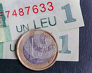 1 euro coin over 1 leu RON bills