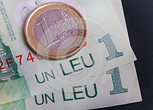 1 euro coin over 1 leu RON bills