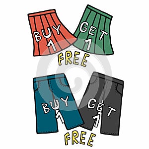 But 1 Get 1 Free pant and skirt logo cartoon illustration