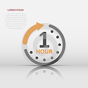 1 hour clock icon in flat style. Timer countdown vector illustration on isolated background. Time measure sign business concept