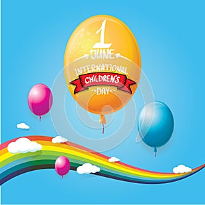 1 june international childrens day background. happy Children day greeting card with balloons, sky , rainbow and clouds