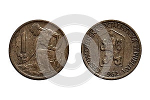 1 Koruna 1962 year on white background. Coin of Czechoslovakia