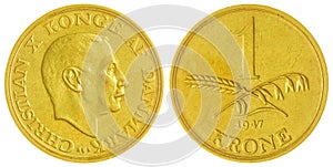 1 krone 1947 coin isolated on white background, Denmark
