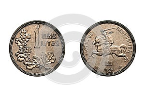 1 Litas 1925. Lithuania coin. Obverse National arms and date. Reverse