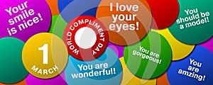 1 March World compliment day design with multicolored circles with compliments