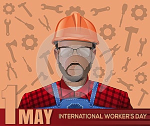 1 May card. Labor Day poster with worker man