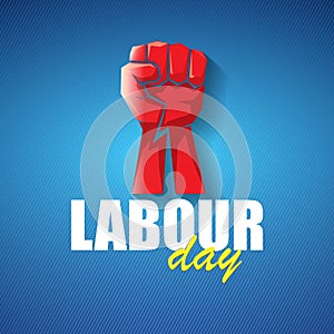 1 may Happy labour day vector label with strong protest fist in the air on blue background. vector happy labor day