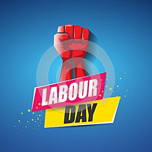 1 may Happy labour day vector label with strong protest fist in the air on blue background. vector happy labor day