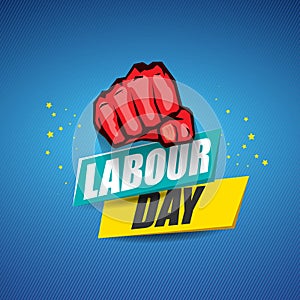 1 may Happy labour day vector label with strong protest fist in the air on blue background. vector happy labor day