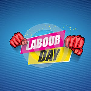 1 may Happy labour day vector label with strong protest fist in the air on blue background. vector happy labor day