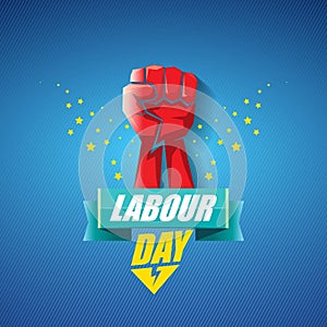 1 may Happy labour day vector label with strong protest fist in the air on blue background. vector happy labor day