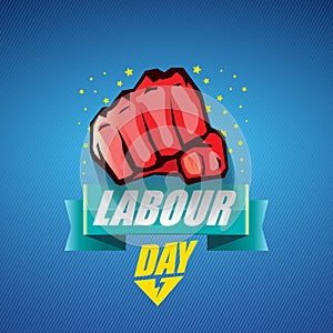 1 may Happy labour day vector label with strong protest fist in the air on blue background. vector happy labor day