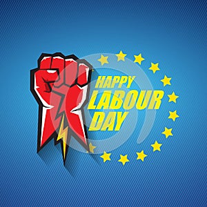 1 may Happy labour day vector label with strong protest fist in the air on blue background. vector happy labor day