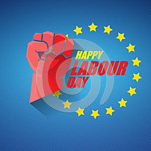 1 may Happy labour day vector label with strong protest fist in the air on blue background. vector happy labor day