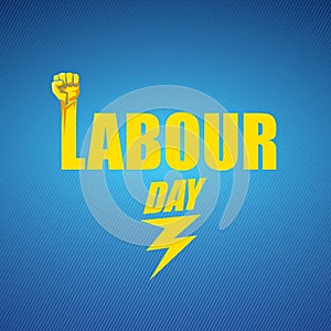 1 may Happy labour day vector label with strong protest fist in the air on blue background. vector happy labor day