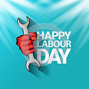 1 may Happy labour day vector label with strong protest fist in the air on blue sky background with rays. vector happy