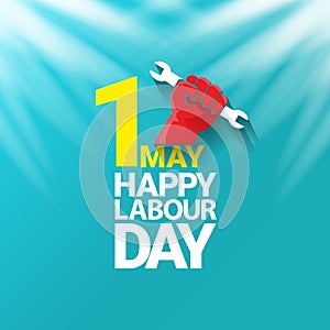 1 may Happy labour day vector label with strong protest fist in the air on blue sky background with rays. vector happy