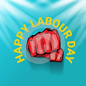 1 may Happy labour day vector label with strong protest fist in the air on blue sky background with rays. vector happy