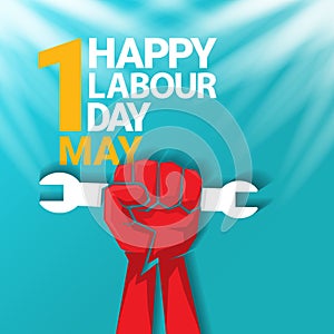 1 may Happy labour day vector label with strong protest fist in the air on blue sky background with rays. vector happy