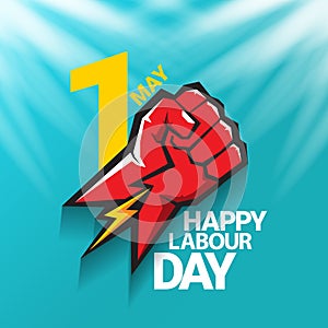 1 may Happy labour day vector label with strong protest fist in the air on blue sky background with rays. vector happy