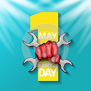 1 may Happy labour day vector label with strong protest fist in the air on blue sky background with rays. vector happy