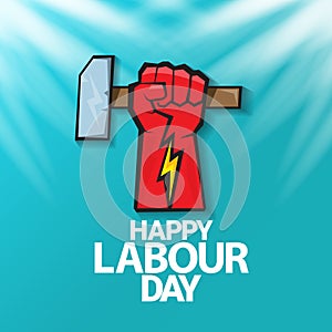 1 may Happy labour day vector label with strong protest fist in the air on blue sky background with rays. vector happy