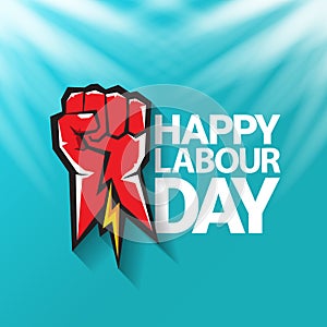 1 may Happy labour day vector label with strong protest fist in the air on blue sky background with rays. vector happy