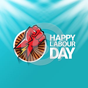 1 may Happy labour day vector label with strong protest fist in the air on blue sky background with rays. vector happy