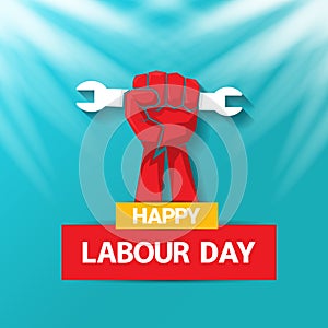 1 may Happy labour day vector label with strong protest fist in the air on blue sky background with rays. vector happy