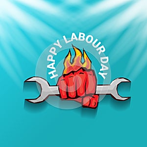 1 may Happy labour day vector label with strong protest fist in the air on blue sky background with rays. vector happy