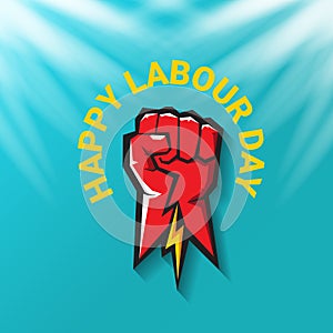 1 may Happy labour day vector label with strong protest fist in the air on blue sky background with rays. vector happy