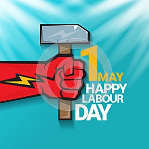 1 may Happy labour day vector label with strong protest fist in the air on blue sky background with rays. vector happy