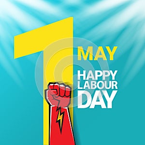 1 may Happy labour day vector label with strong protest fist in the air on blue sky background with rays. vector happy