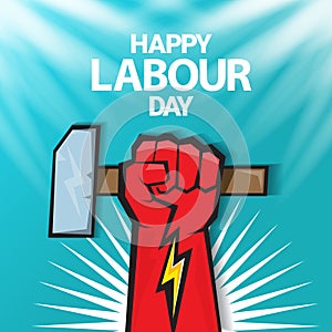 1 may Happy labour day vector label with strong protest fist in the air on blue sky background with rays. vector happy