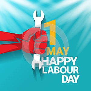 1 may Happy labour day vector label with strong protest fist in the air on blue sky background with rays. vector happy