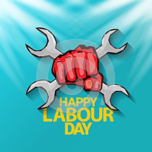 1 may Happy labour day vector label with strong protest fist in the air on blue sky background with rays. vector happy