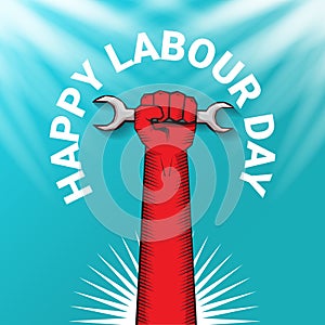 1 may Happy labour day vector label with strong protest fist in the air on blue sky background with rays. vector happy