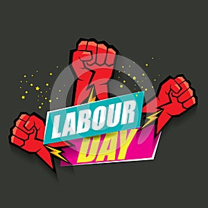 1 may Happy labour day vector label with strong protest fist in the air on grey background. vector happy labor day