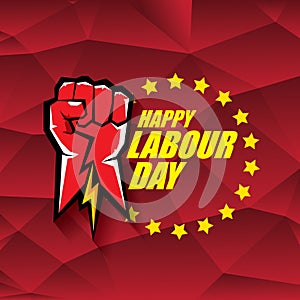 1 may Happy labour day vector label with strong protest fist in the air on vintage red background. vector happy labor