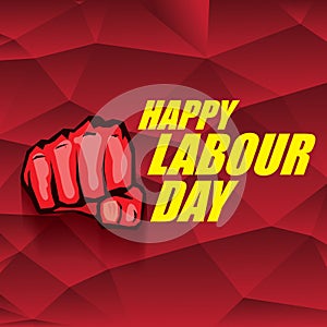 1 may Happy labour day vector label with strong protest fist in the air on vintage red background. vector happy labor