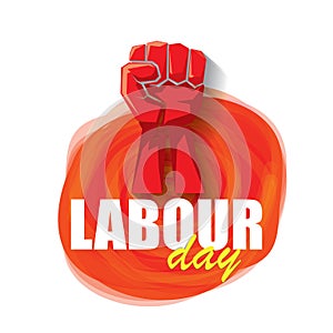 1 may Happy labour day vector label with strong protest fist in the air on vintage red watercolor stricket background